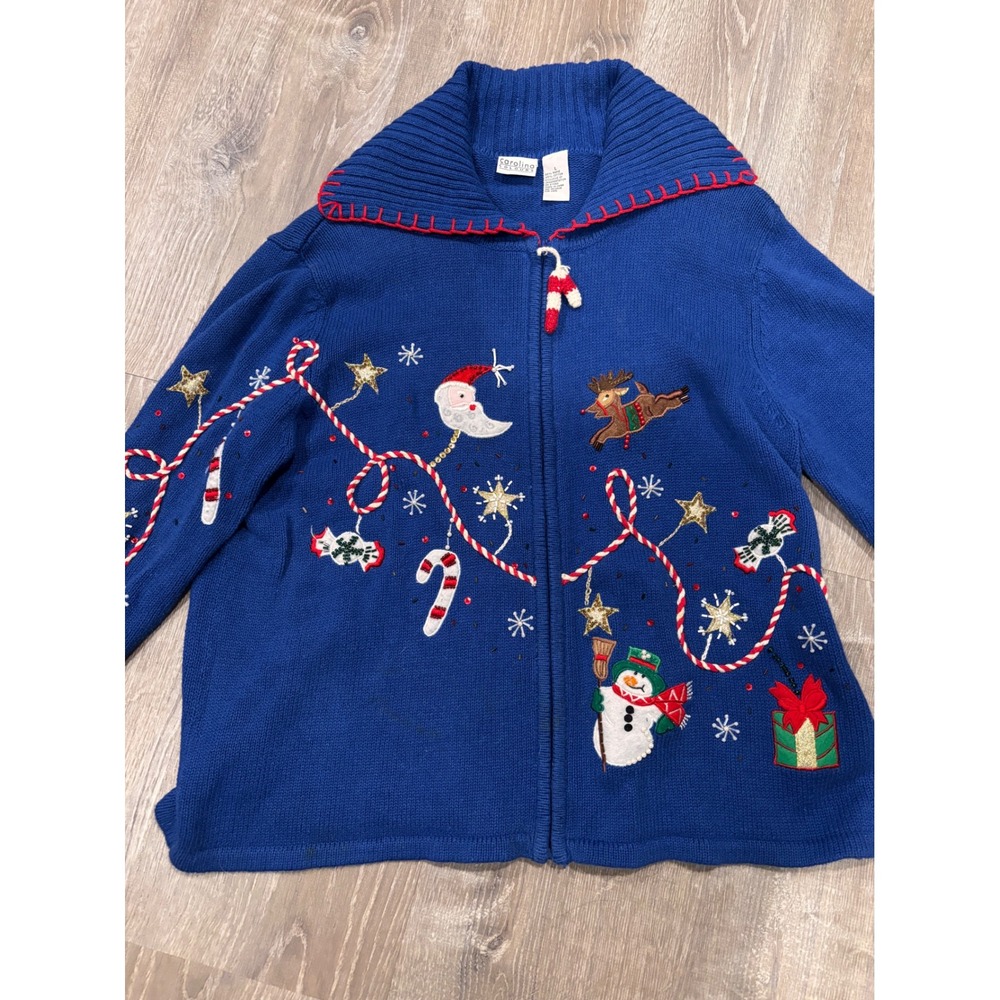 Carolina Colours Womens Ugly Christmas Sweater Zip Up‎ Santa Snowman Reindeer Lg